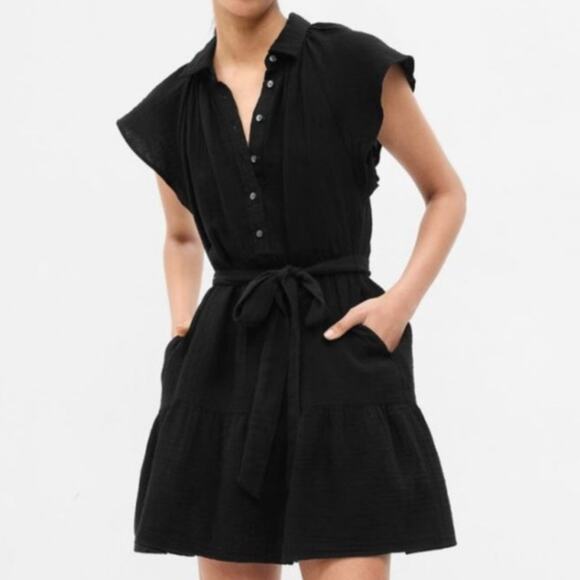 GAP Crinkle Gauze Flutter Sleeve Mini Shirtdress Black Large Belted Casual Indie - Picture 1 of 9